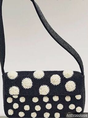 Anthropologie Black Beaded Crossbody with Cream Pom-Dot Detail